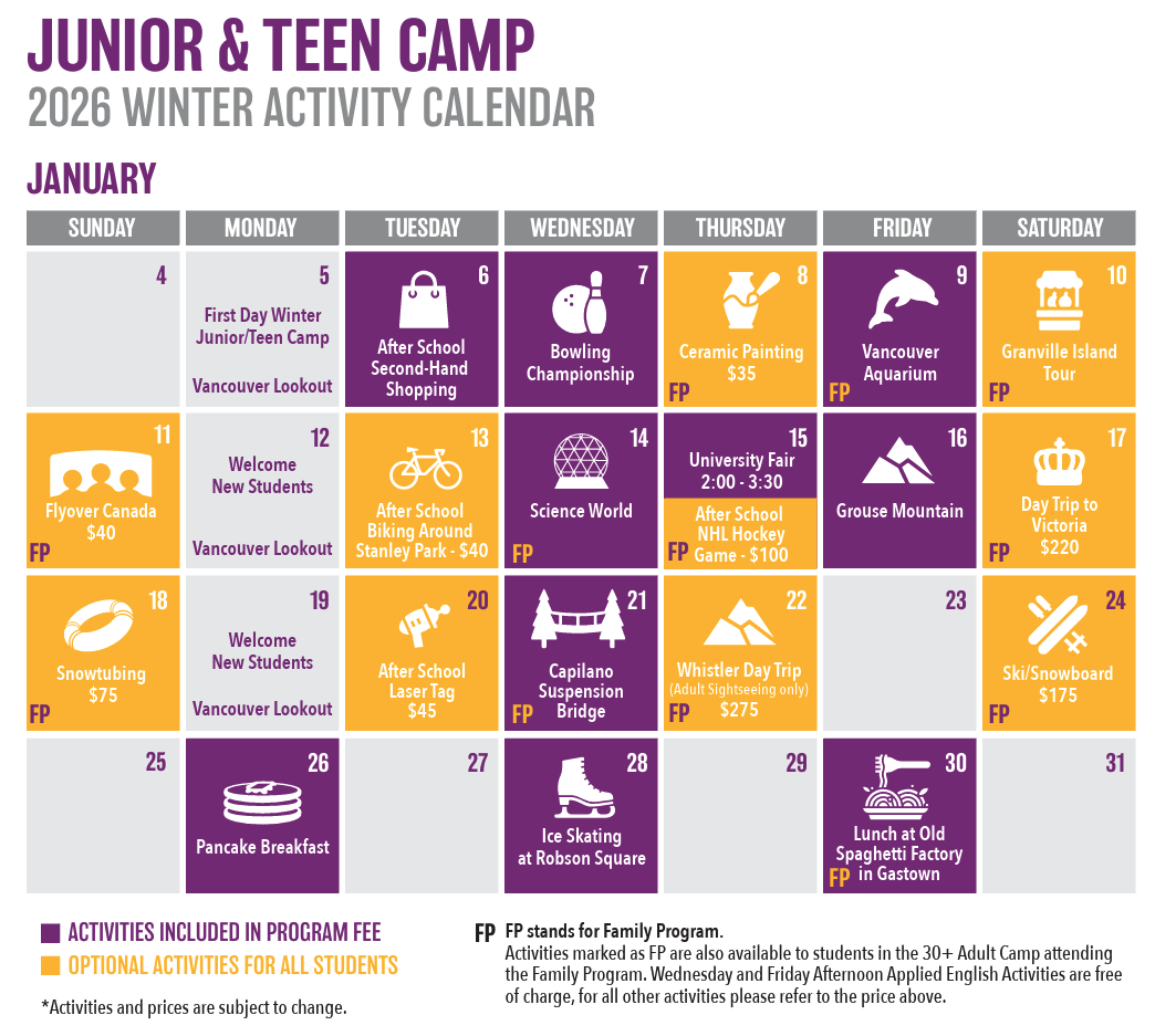 2026 밴쿠버 겨울캠프 일정표